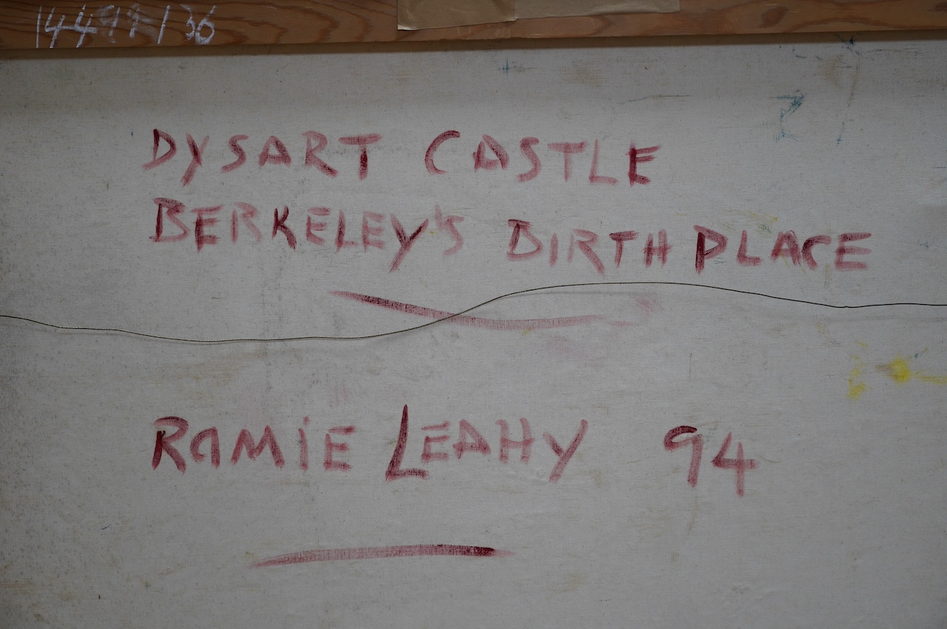 Ramie Leahy (Irish, b.1950), abstract oil on canvas, ‘Dysart Castle, Berkeley’s Birthplace’, signed and dated '94, 101 x 101cm, unframed. Condition - good